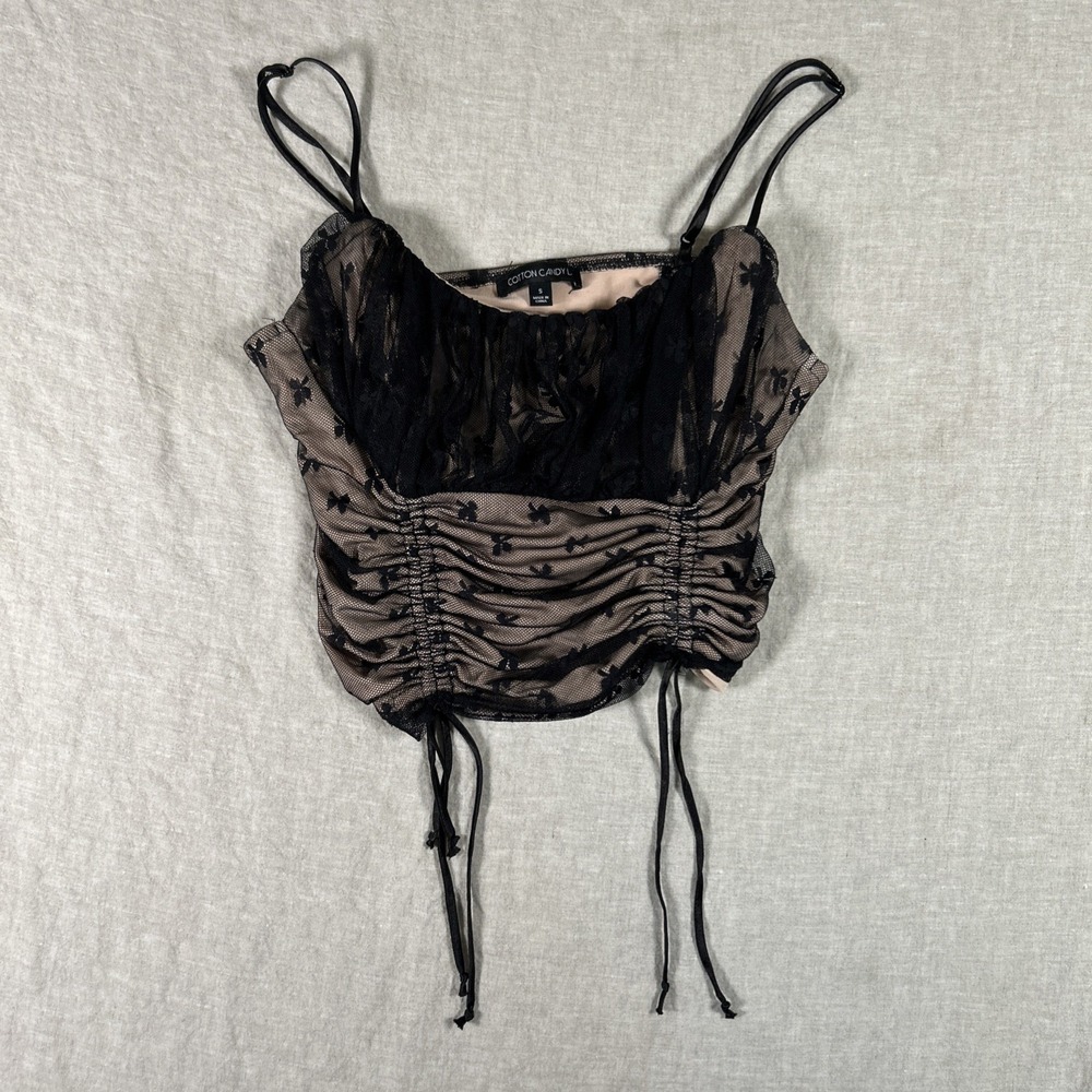 Cotton Candy LA Women Ruched Lace Crop Top Spaghetti Strap Black Beige Small